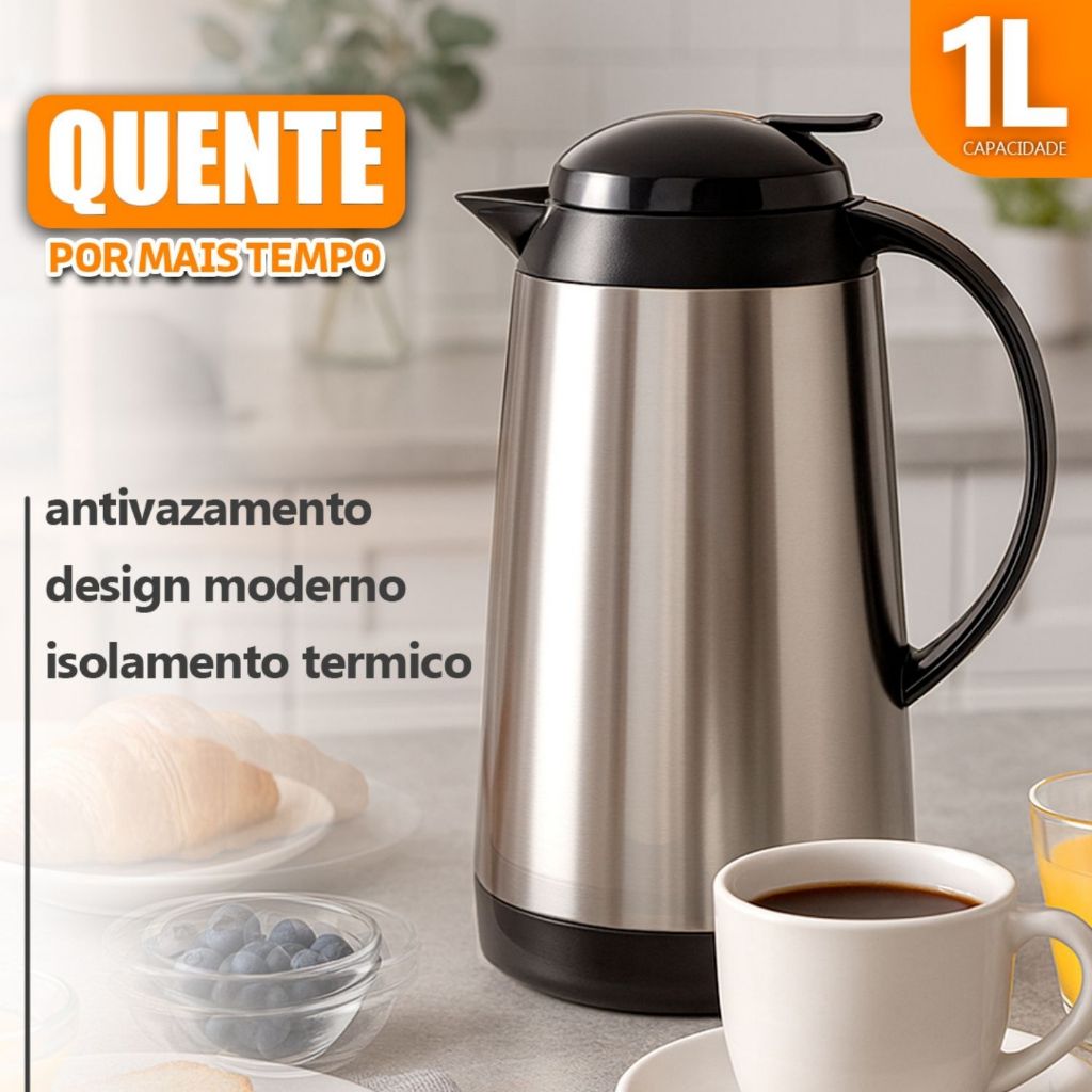 Garrafa Térmica Inox 1L Antivazamento Premium Mantém Quente por Mais Tempo Chás/Café Design Moderno
