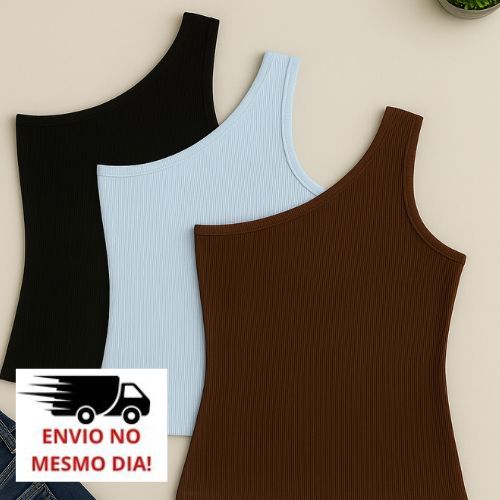 Kit 3 Blusinhas Um Ombro Só Feminina em Ribana Canelada | Look Moderno e Confortável