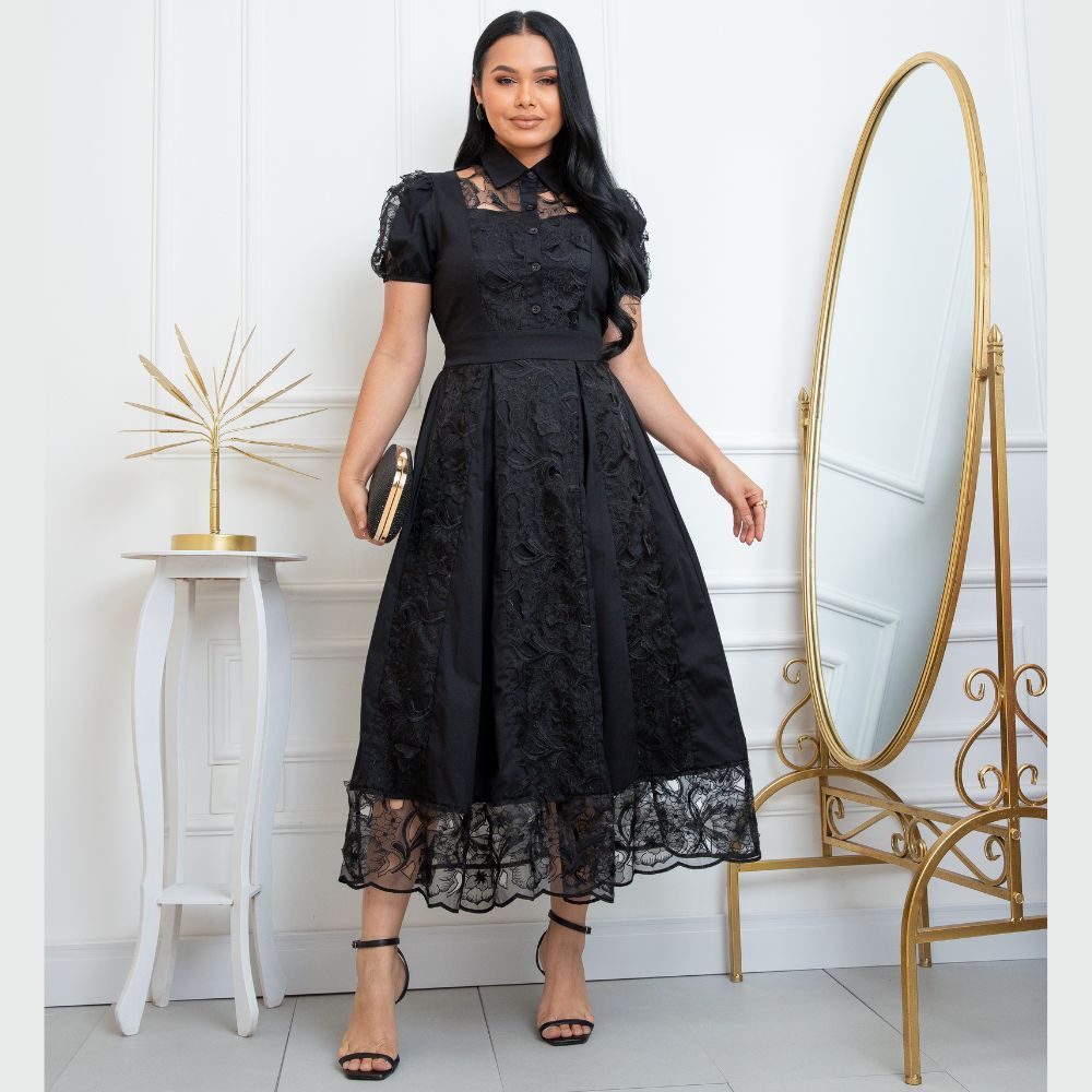 Vestido De Festa Preto Feminino Midi Tricoline Renda Bordada Manga Vazada Botões Premium Luxo Elegante Social Godê