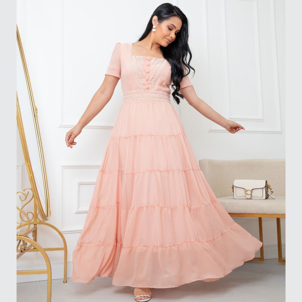 Vestido Longo Chiffon Feminino Botões Fakes Saia Camadas Aplicações Cintura Elegante Social Luxo