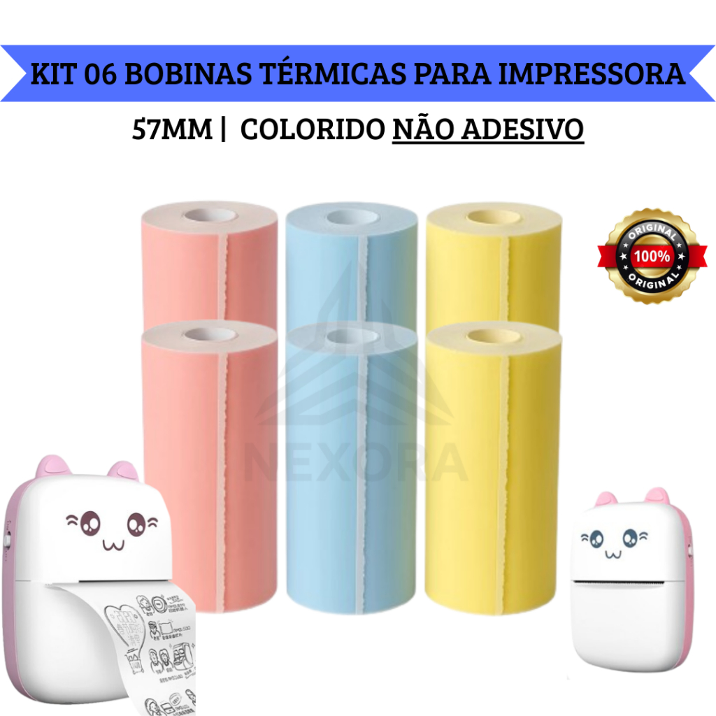 Kit 6 Bobina Rolo Etiqueta Térmica Não Adesiva 57mm Colorida Mini Impressora | Envio Imediato