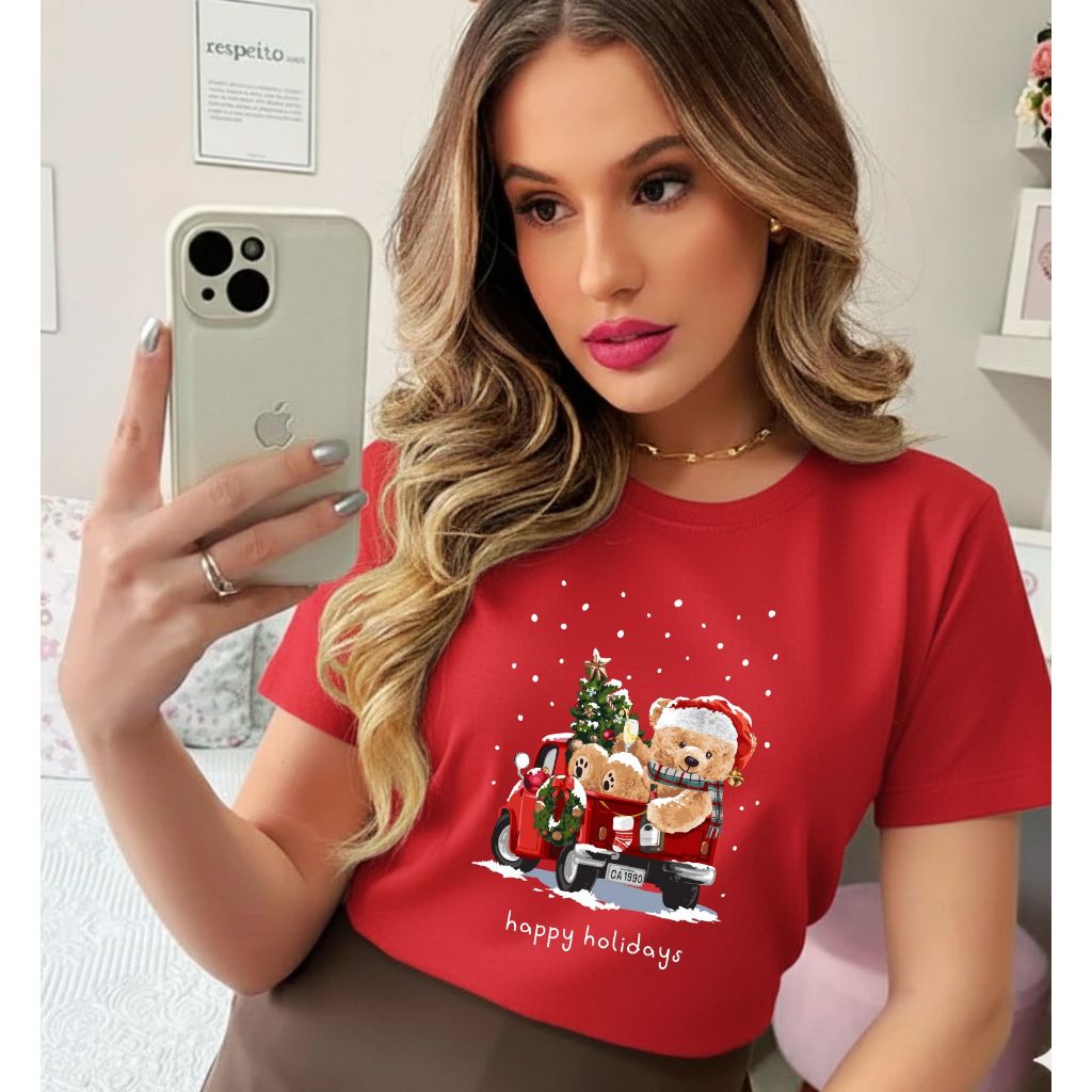 Camiseta blusa t-shirt feminina natal e ano novo | blusa urso merry christmas presente família 100% algodão premium