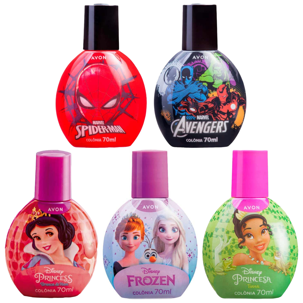 COLÔNIA AVON INFANTIL BRANCA DE NEVE, FROZEN, AVENGERS, SPIDER MAN, PRINCEAS, 70 ML, ESCOLHA SUA FRAGÂNCIA!