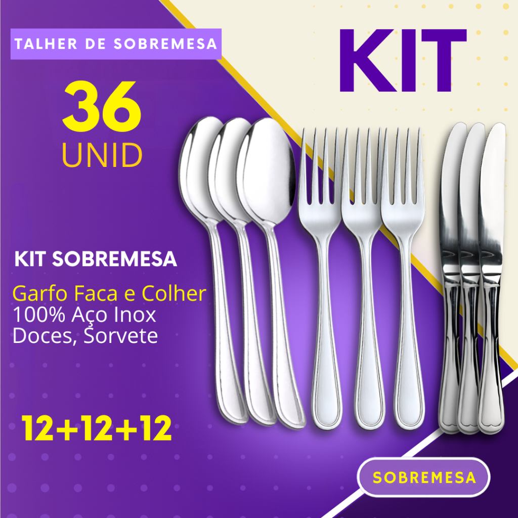 Kit Sobremesa 18 ou 36 Pçs Garfo + Faca + Colher Inox Sorvete Bolo Açaí Doces Restaurante Buffet em Oferta na Shopee
