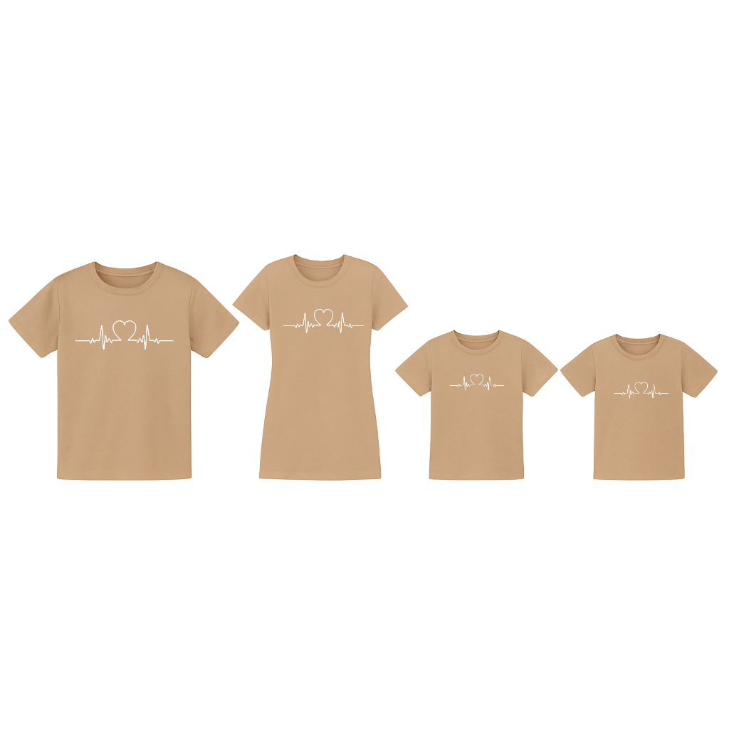 Kit familia mae pai e filhos camiseta e vestido com 4 batimentos cardiacos coração BEIGE NUDE