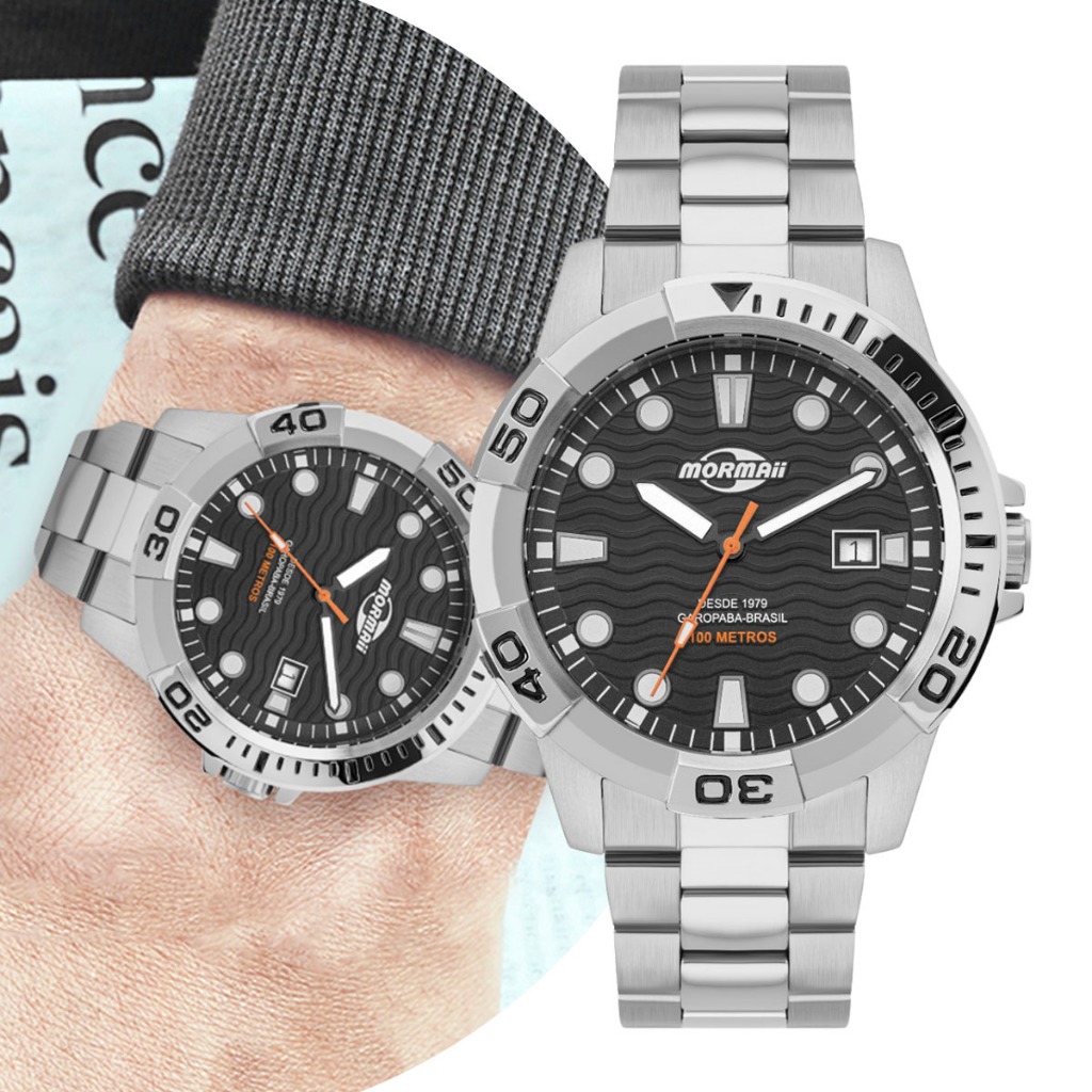 Relógio Masculino com Caixa e Pulseira em Aço Inoxidável à Prova D' Água Prata e Preto Luxo Casual Mormaii Original
