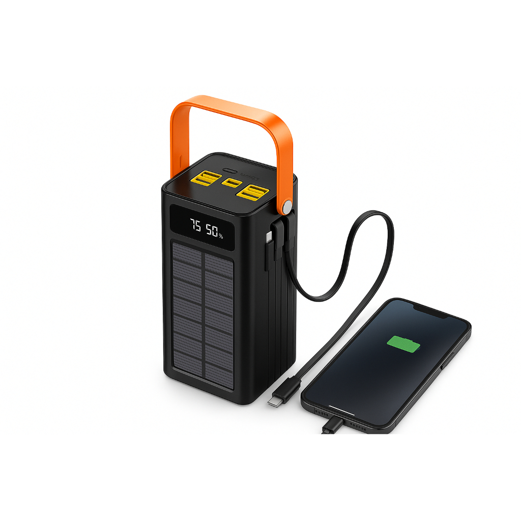 Carregador Portátil Power Bank 50.0000 Mah com 4 Saídas V8 USB Tipo C Lightning Micro USB  - Luz solar em Oferta na Shopee