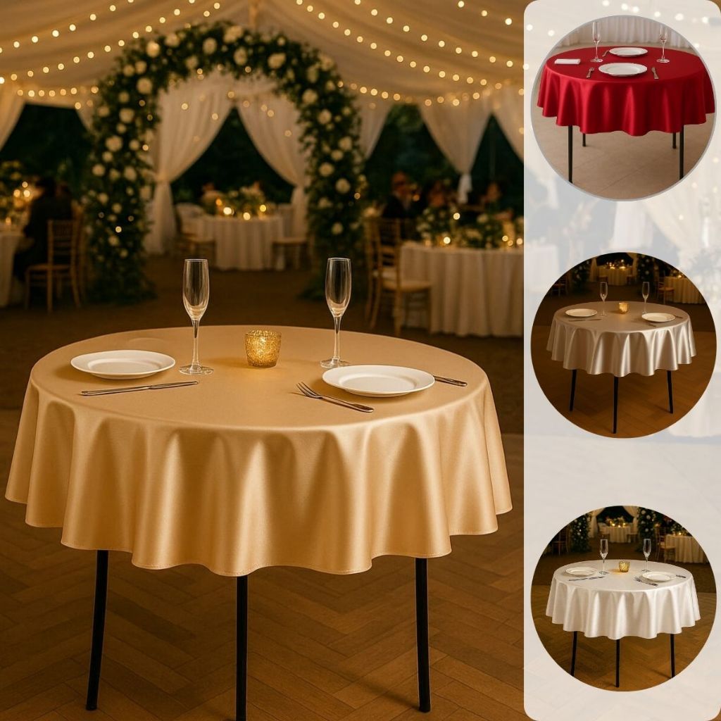 Toalha de Mesa Redonda de Cetim 1.50 Diâmetro Várias Cores para Festa Casamento Buffet Igreja