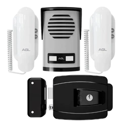 Kit Interfone Porteiro Eletrônico Coletivo De 2 Pontos com 2 Fones e Fechadura Preta