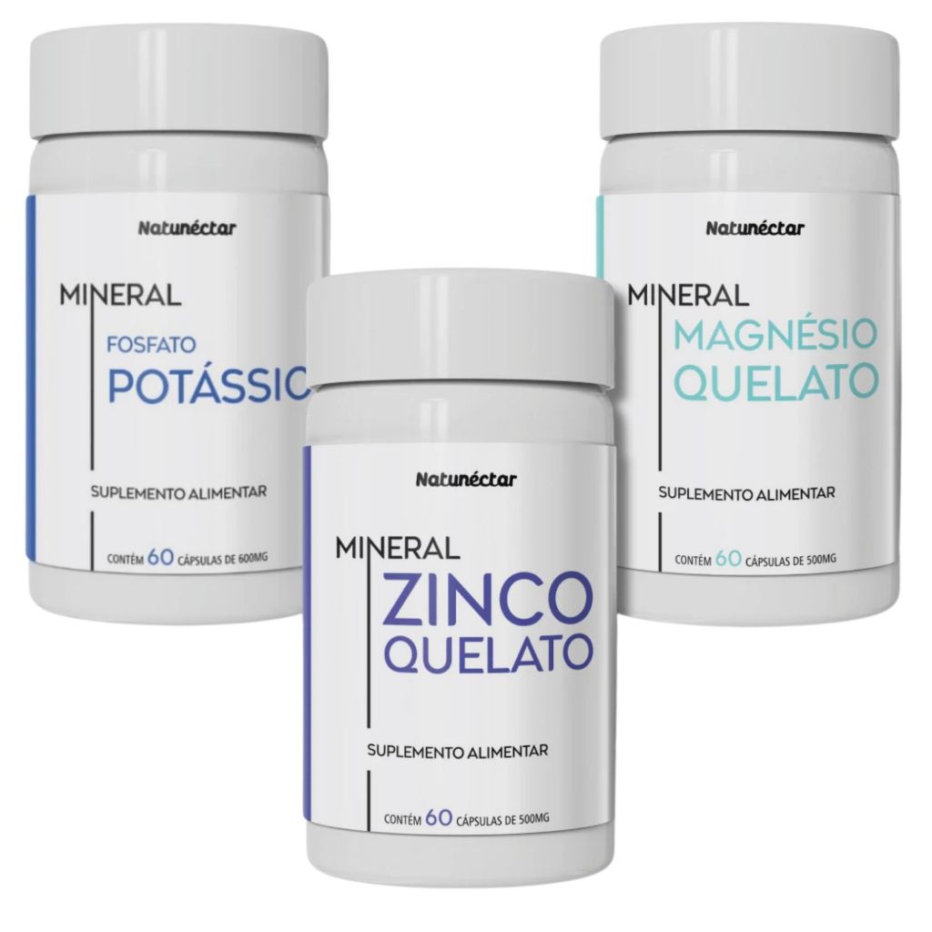 Kit Fosfato Potássio + Magnésio Quelato + Zinco Quelato - 60 cápsulas cada