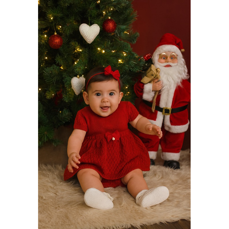 Conjunto tricô menina vestido e tapa fralda vermelho Natal