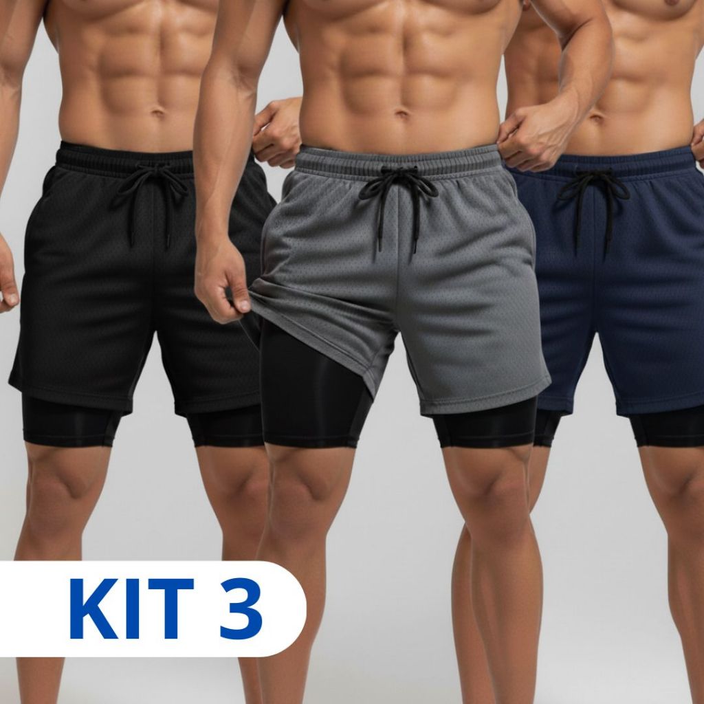 kit 3 Shorts 2 em 1 Bermuda Compressão MasculinO Dry Fit Elastano Academia Treino  Bolso Interno