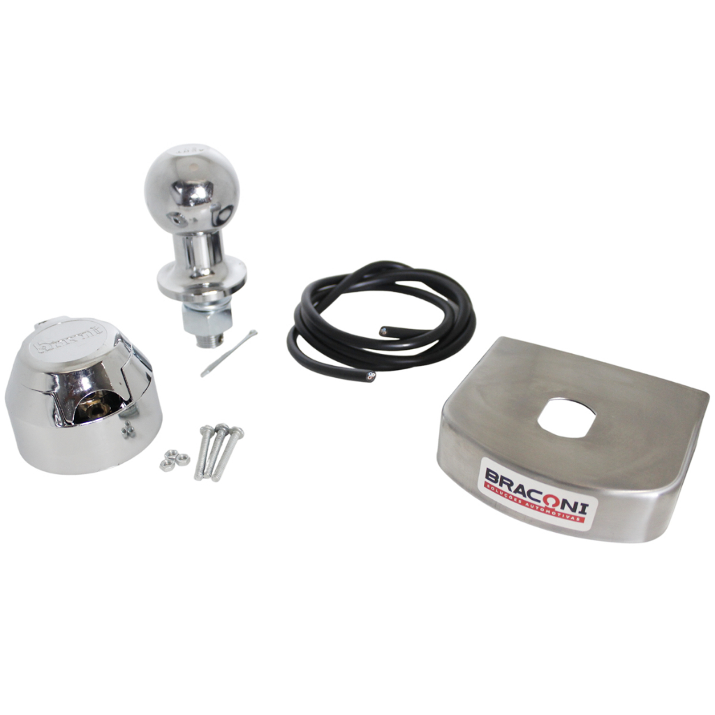 Kit Engate Capa 100mm Inox, Esfera ABNT 50mm Cromado, Tomada ABS 6 Polos Cromado Com Fio
