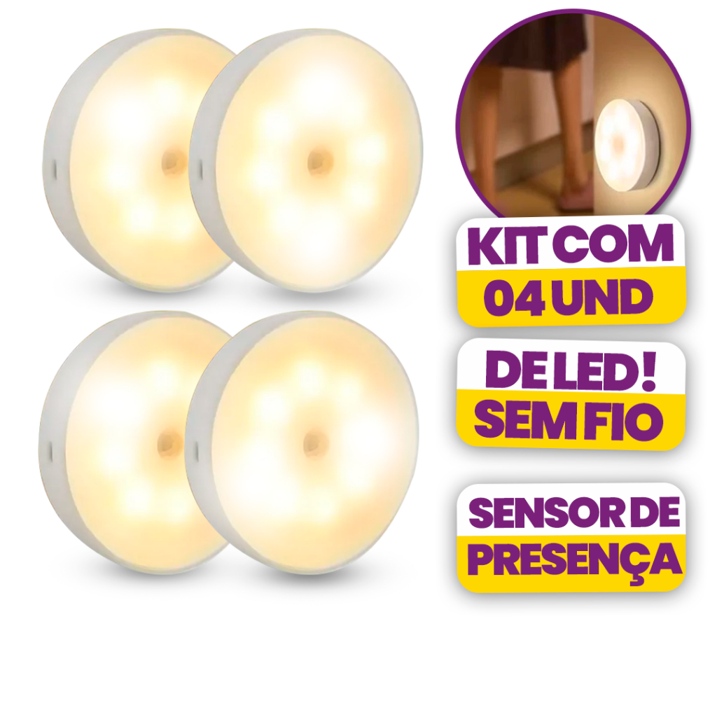 4 Lâmpadas LED com Sensor Movimento e Presença Sem Fio Recarregável Versátil Detecção 360 Graus