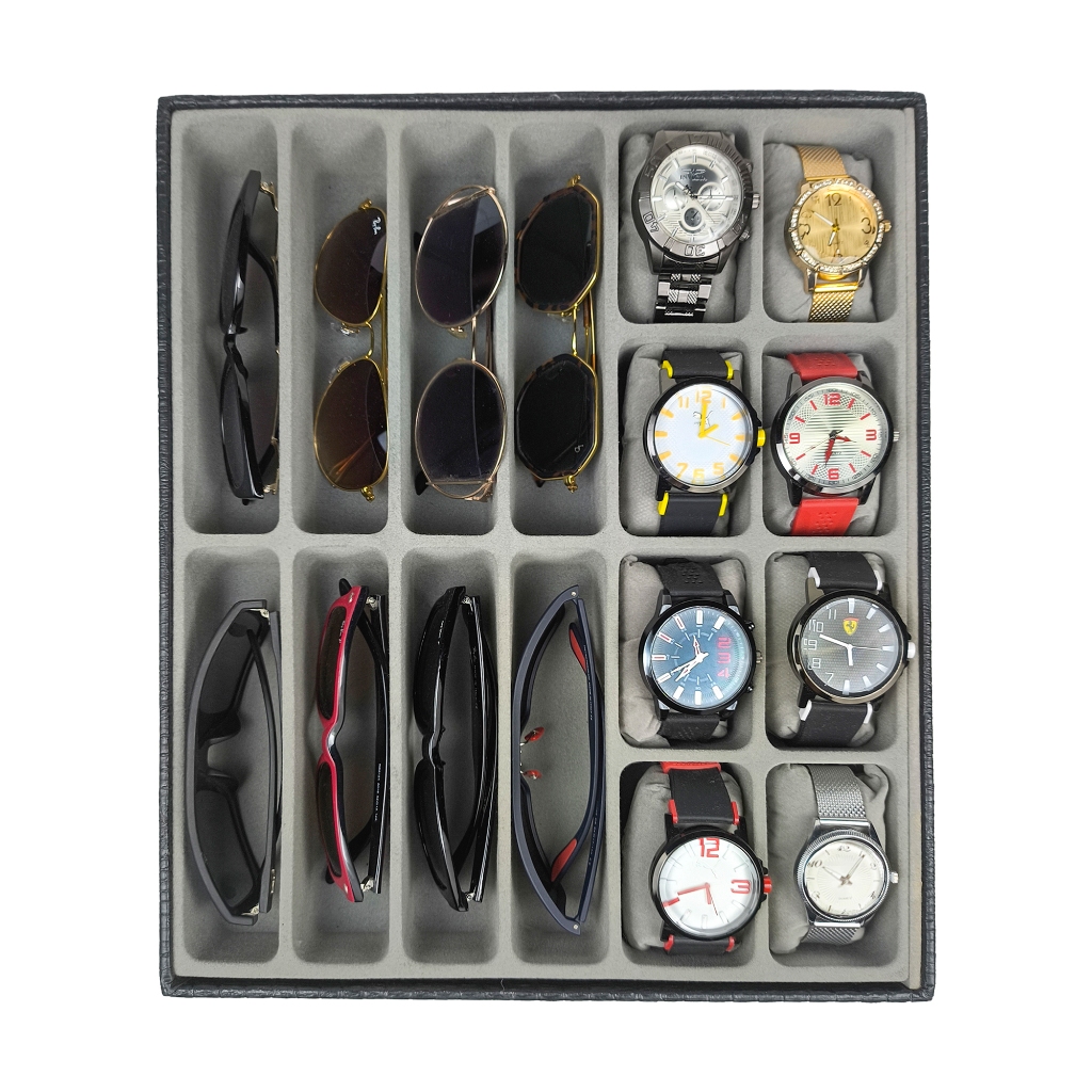 Bandeja Organizadora para 8 Relógios e 8 Óculos Preto com Interno Aveludado Cinza