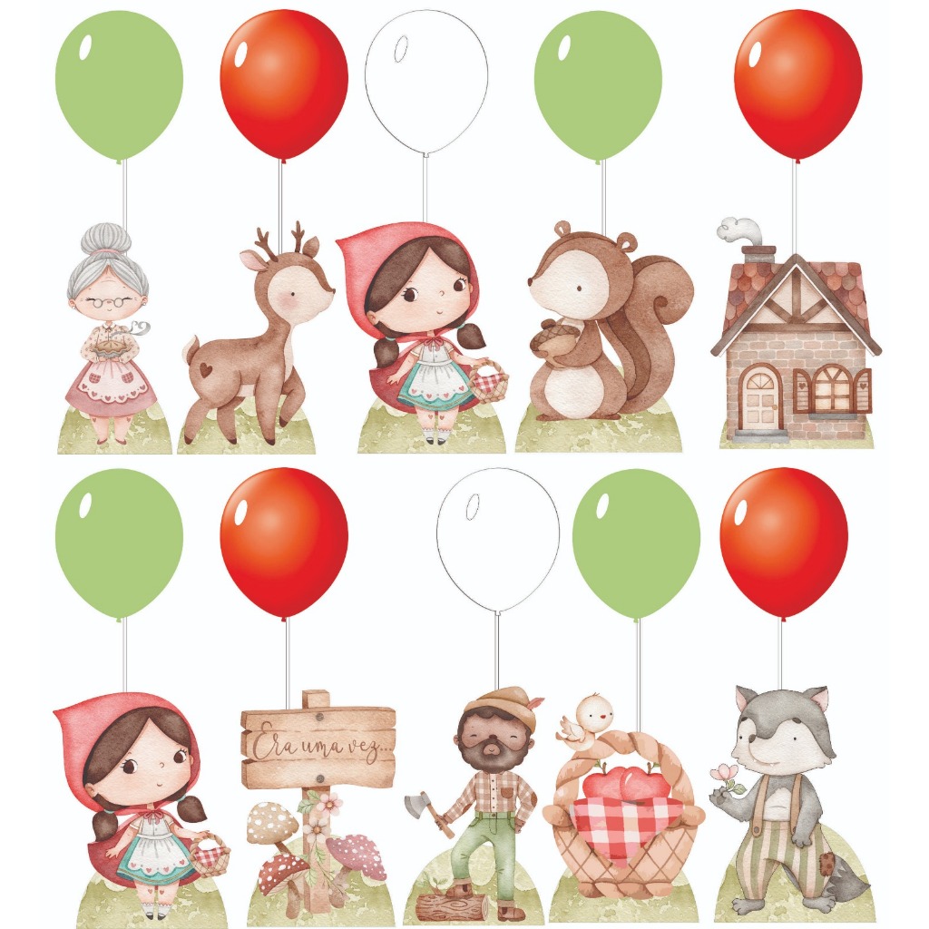 Centro De Mesa Chapeuzinho Vermelho Aquarelado Lembrancinha De Festa kit Display Balão Haste De MDf