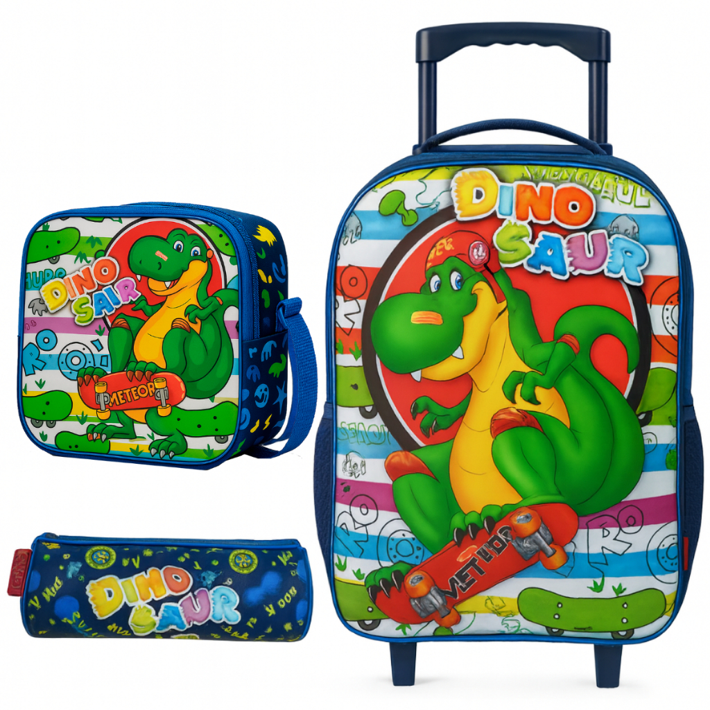 Kit Mochila Infantil Menino Com Lancheira Térmica + Estojo  Escolar Reforçada Carrinho Rodinha