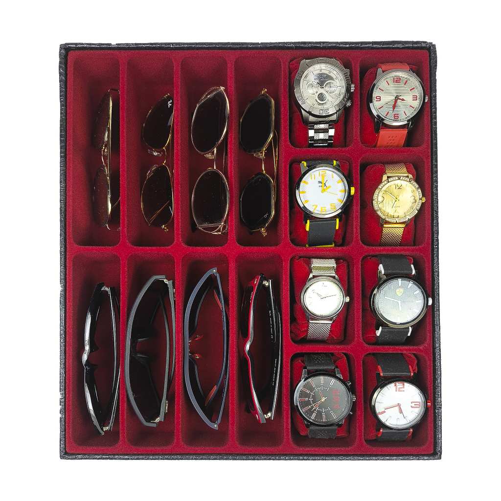 Bandeja Organizadora para 8 Relógios e 8 Óculos Preto com Interno Aveludado Vermelho em Oferta na Shopee