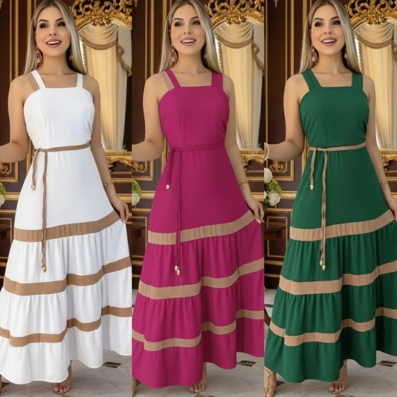 Vestido Longo Liso  Feminina Bicolor com forrto Casual Tecido Duna — imagem 1