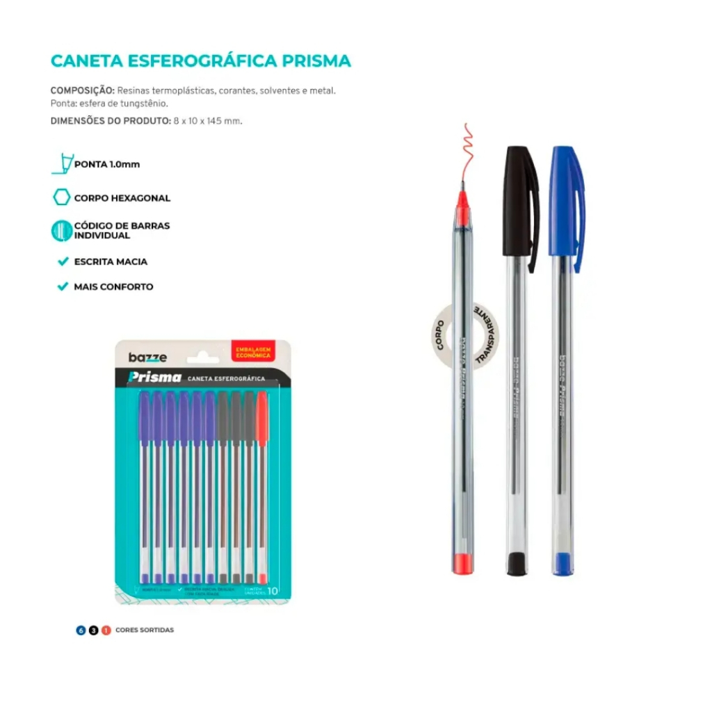 Caneta Esferográfica Bazze Prisma 1.0mm – Kit 10 Unidades Azul, Preto e Vermelho • Escrita Macia — imagem 2 de 2