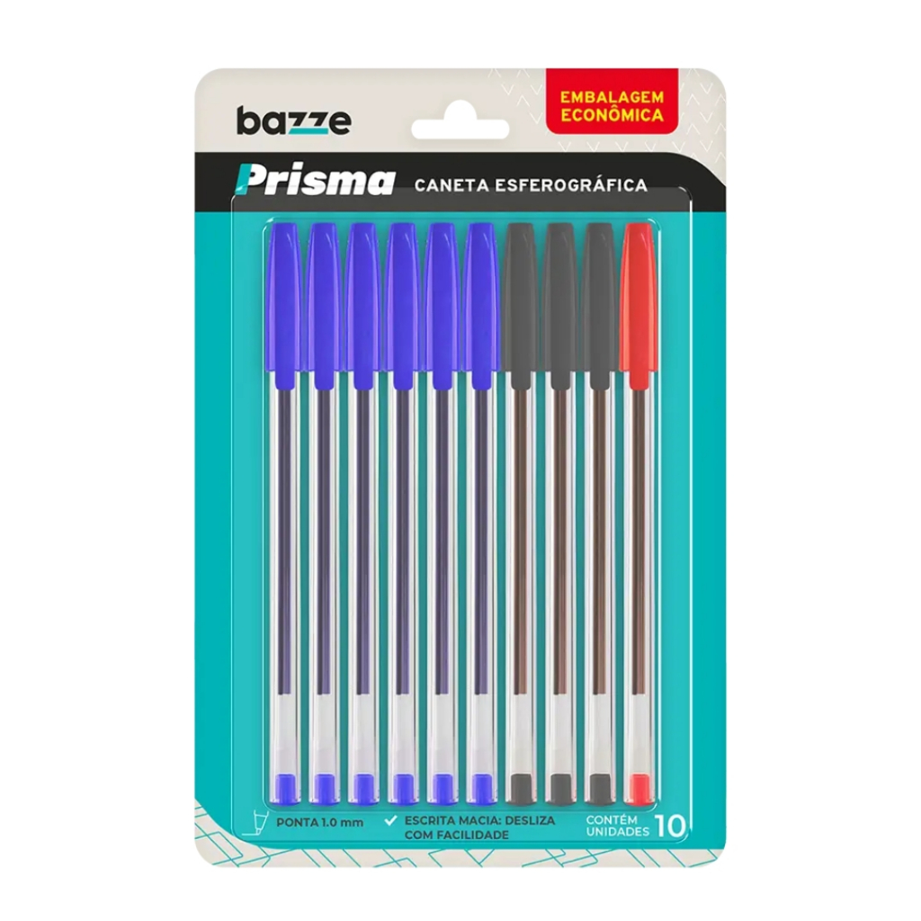 Caneta Esferográfica Bazze Prisma 1.0mm – Kit 10 Unidades Azul, Preto e Vermelho • Escrita Macia