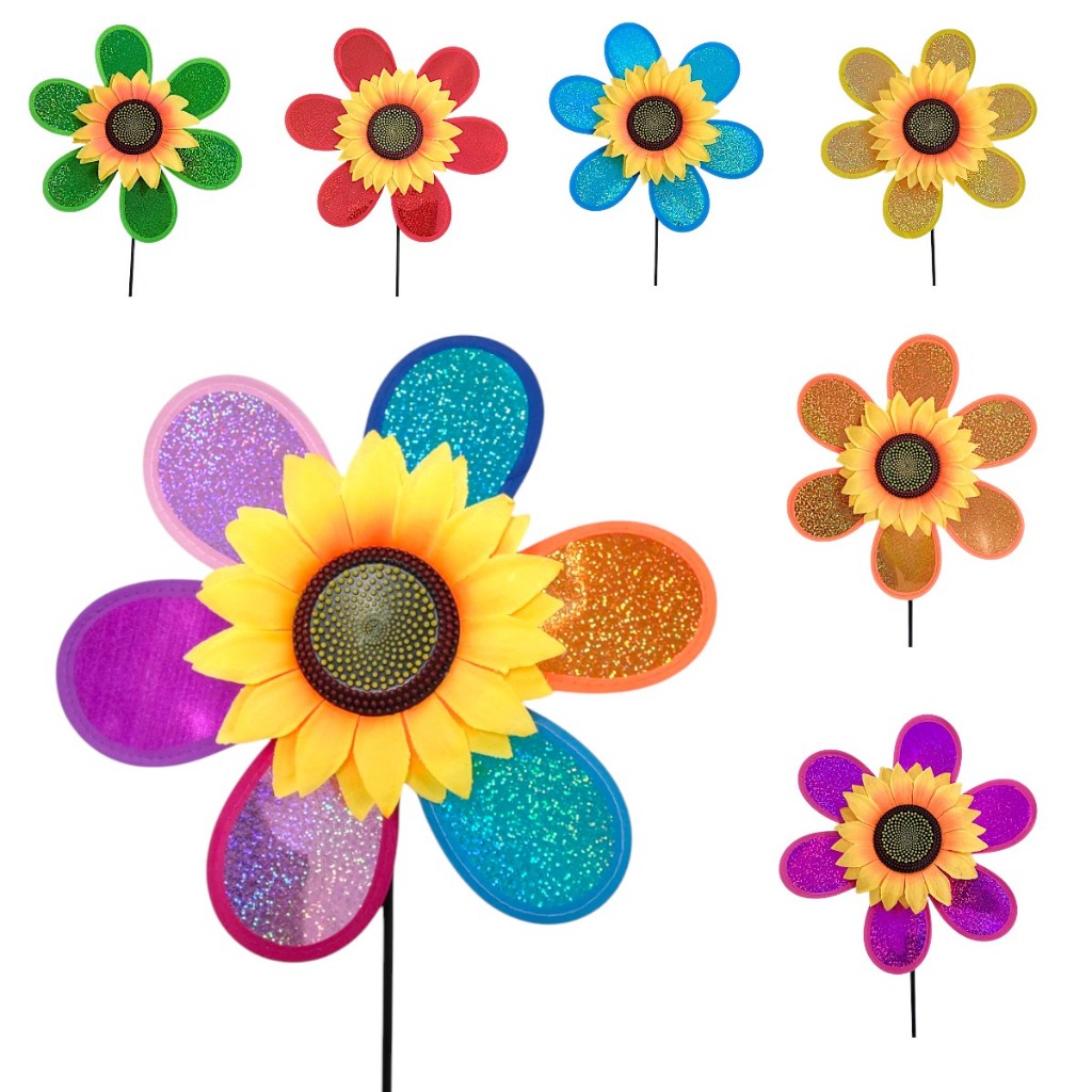 Kit Com 5 Cata-vento Girassol Plástico Decoração Jardim Vaso Catavento Planta Jardinagem