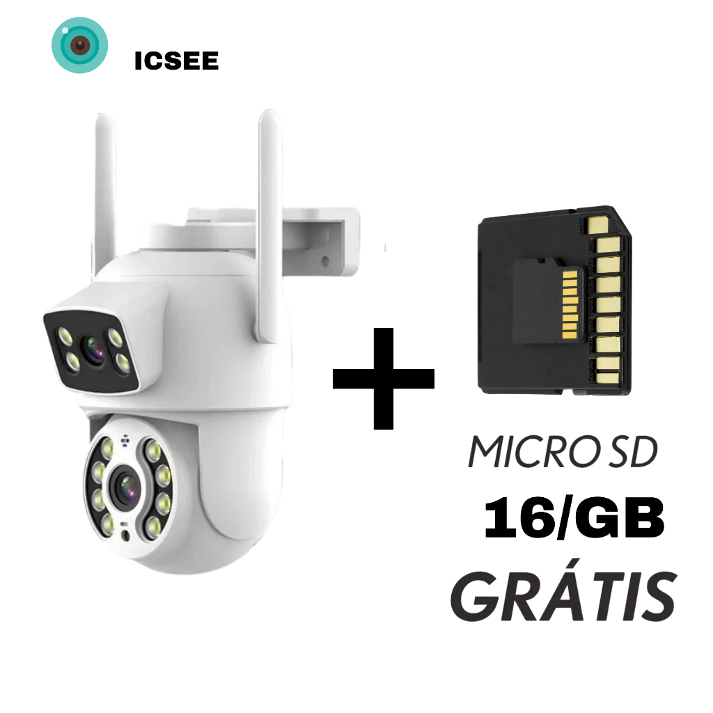 KIT Câmera De Segurança Lente Dupla IP66 Wi-Fi 360° Sensor Movimento Visão Noturna+MICROSD 16GB