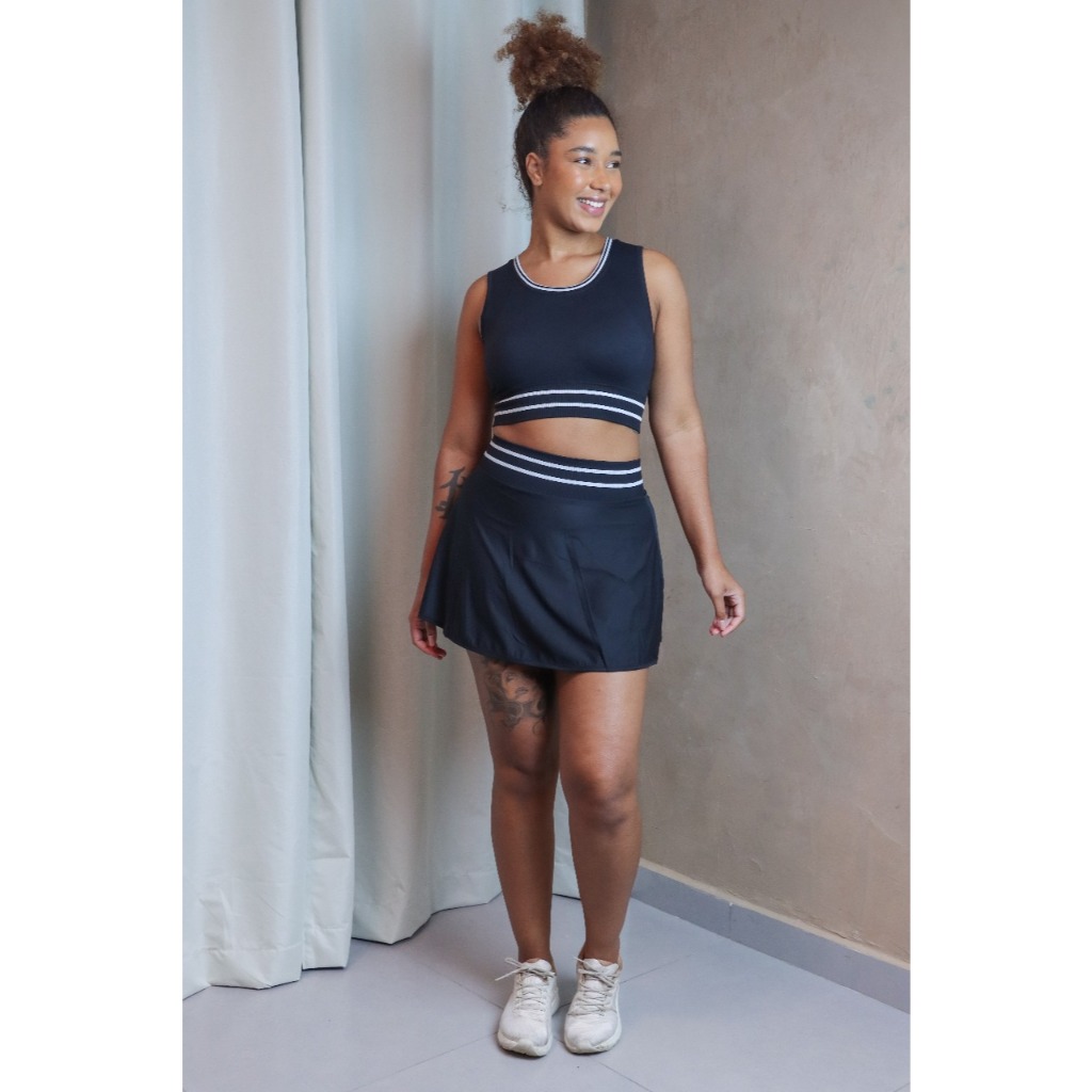 Conjunto  Top + Short Saia Duplo Treino Fitness Feminino Poliamida Com Bolso Com Bojo