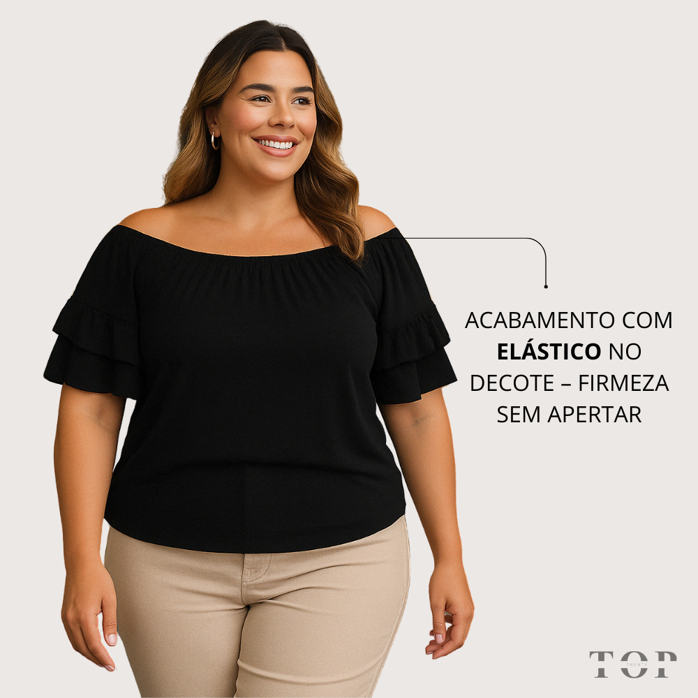 Blusa Feminina Plus Size Ombro a Ombro Com Manga Babado Duplo Tecido Duna
