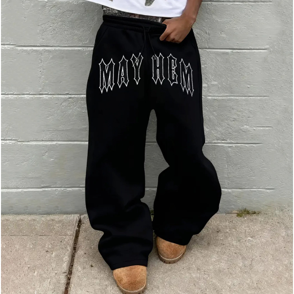 Calça Wide Leg Larga Baggy Moletom Masculina Em Algodão Streetwear Estilosa May Hem Gotica Punk Arte Estilosa cod 704