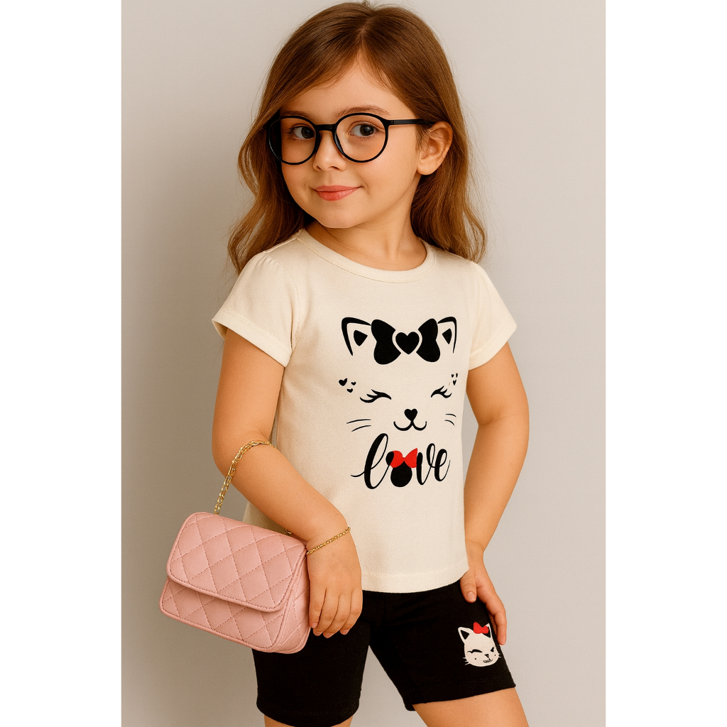 conjunto infantil bermuda ciclista+batinha look estiloso gatinha love