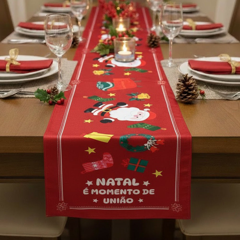 Caminho Trilho Mesa Natalino Estampado 1,50m Tecido Decorativo Mesa Posta Sala Jantar Aparador Natal