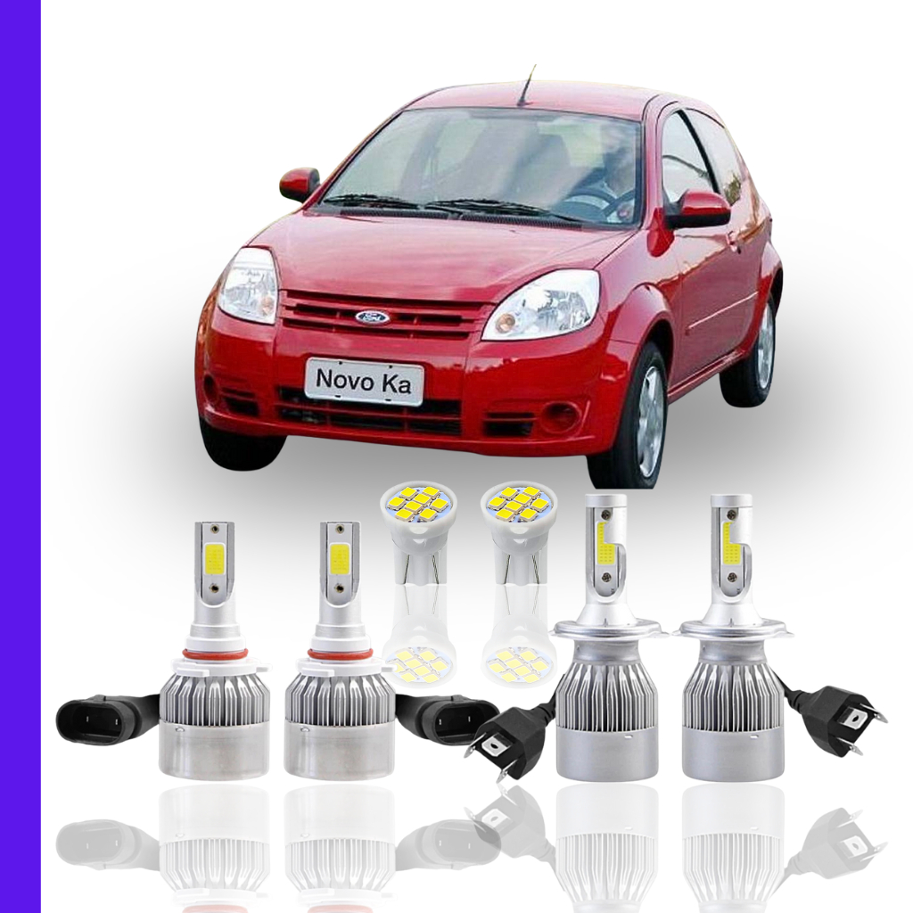 Kit Lâmpada Led Ford Ka 2008 a 2013 (Farol Alto Baixo Milha Farolete) H4 HB4 T10 Neblina Meia Luz Super Led c6 forte 4