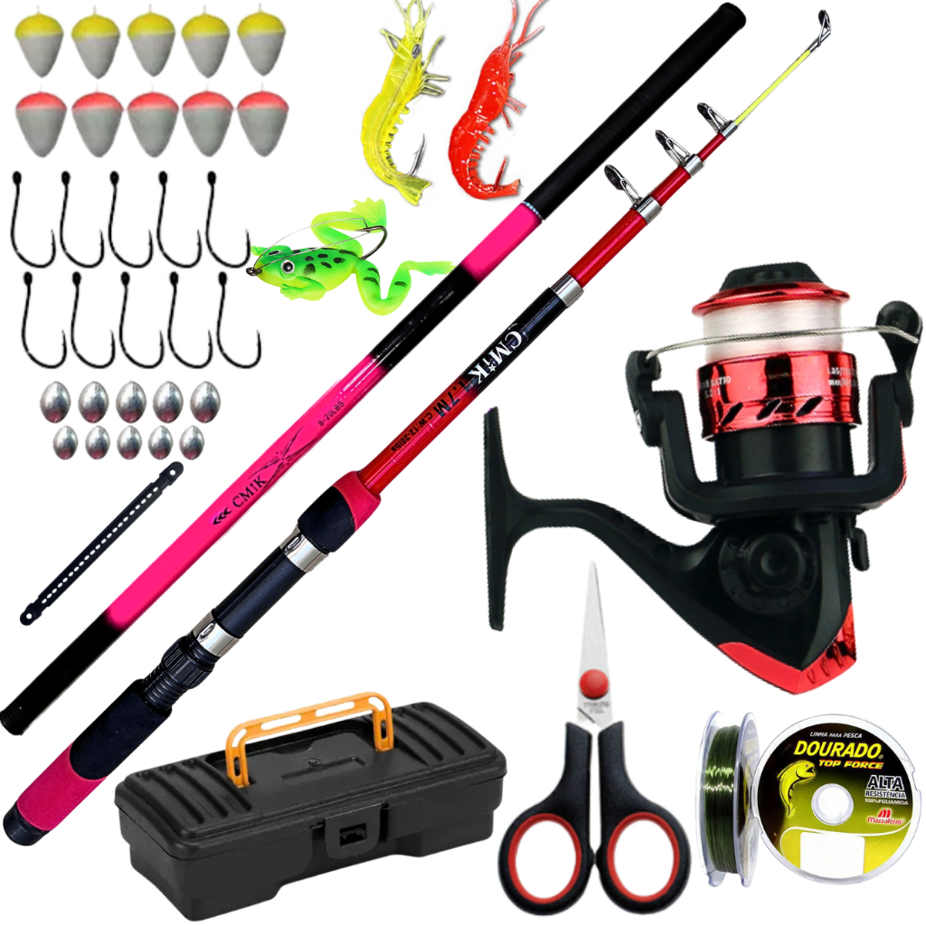 Kit Molinete de Pesca Vara Telescopica Mão 3,60 Caniço Presente de Natal Isca Artificial Completo