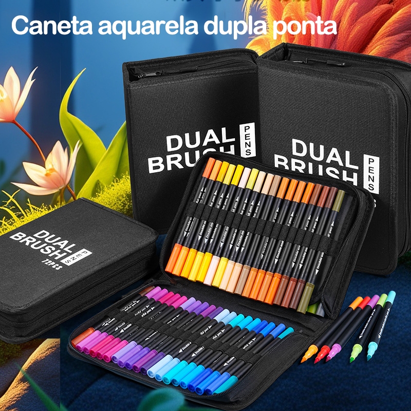 Kit 60/80/100/120 Cores Caneta 2 em1 Brush Lettering e Ponta Fina Dual Pen Canetinha Colorir Desenho em Oferta na Shopee