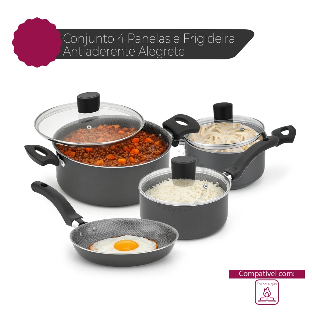 Conjunto Jogo De Panelas Antiaderente Kit 4 Peças Alumínio Com Tampa De Vidro Caçarola Frigideira