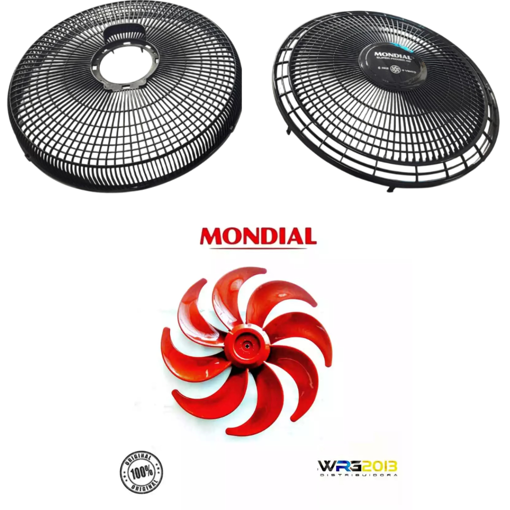 Grade Traseira + Dianteira + Hélice Vermelha Ventilador Mondial 40cm 8 Pás