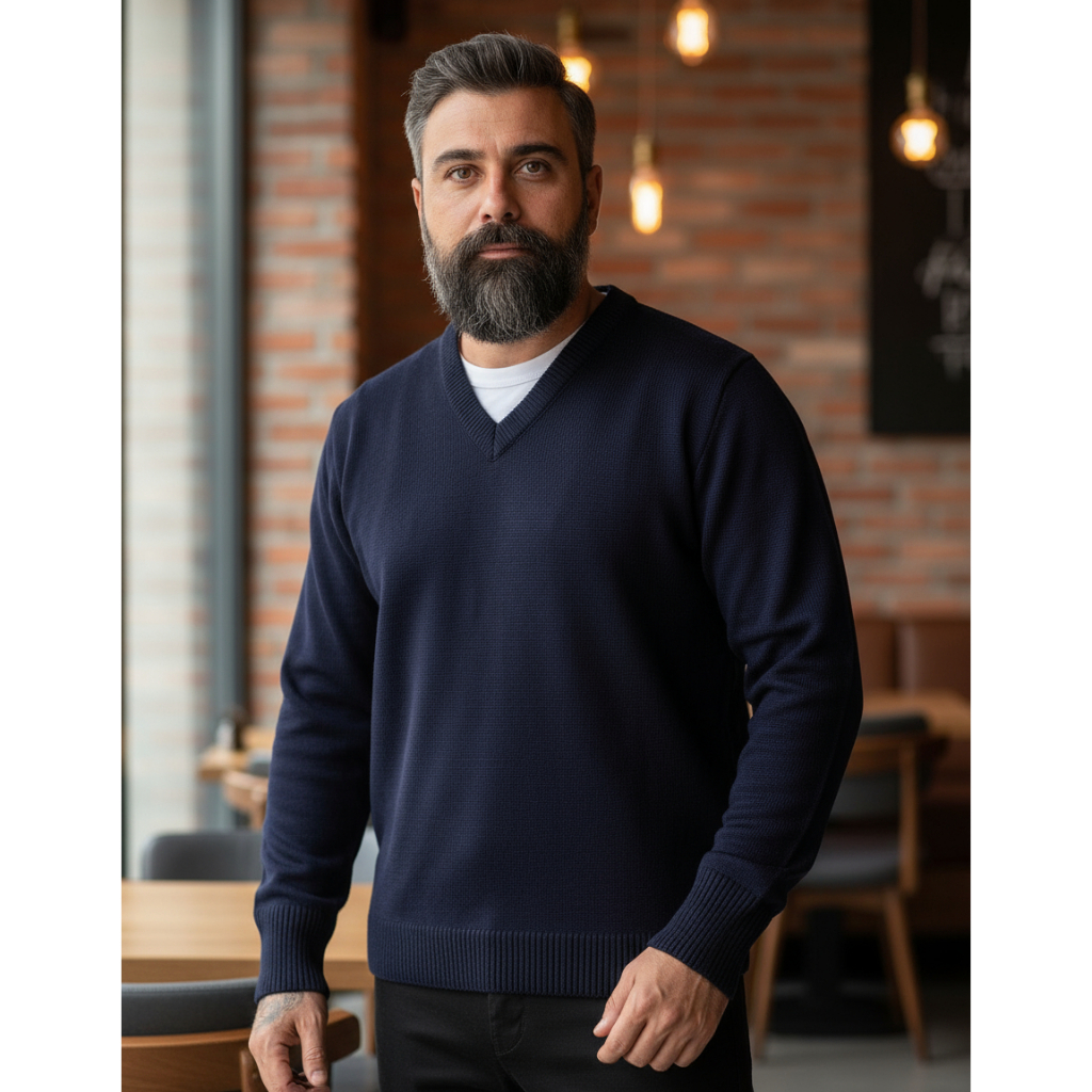Blusa Suéter Lã Gola V Masculina Básica Lisa