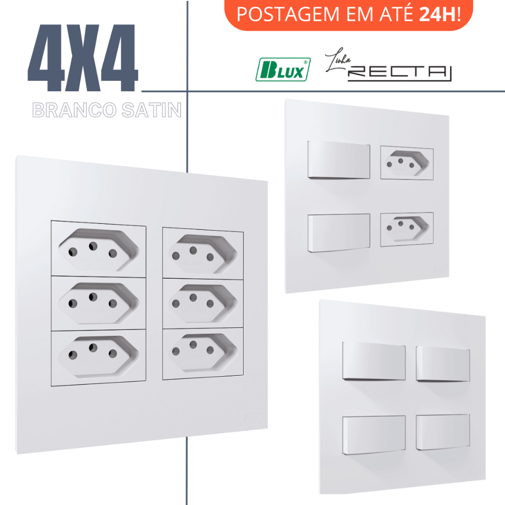 Conjunto Tomada Branca 4x4 10a 20a Interruptor Simples Paralelo Recta Branco Satin Fosco BLUX