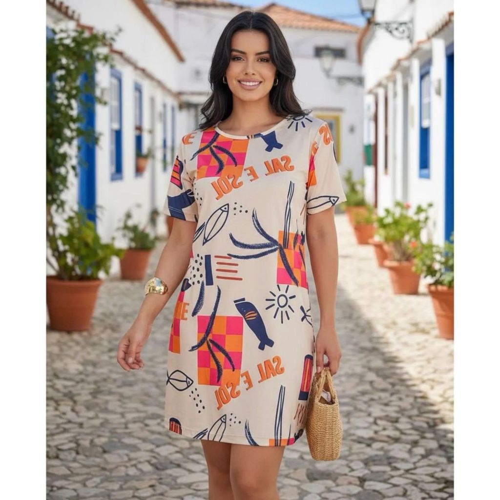 Vestido feminino curto estampado inspiração malha fresquinho confortável tropical despojado soltinho em Oferta na Shopee