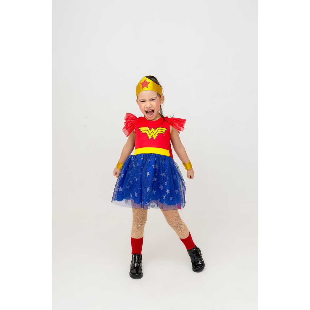 Fantasia Infantil Mulher Maravilha Heroína Super Luxo com Capa e Acessórios bracelete e Coroa em Oferta na Shopee