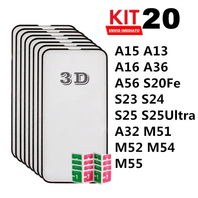 Kit com 20 PelículaS 3d para Toda linha Sams Galaxy A15 A13 A16 A36 A56 S20Fe S2