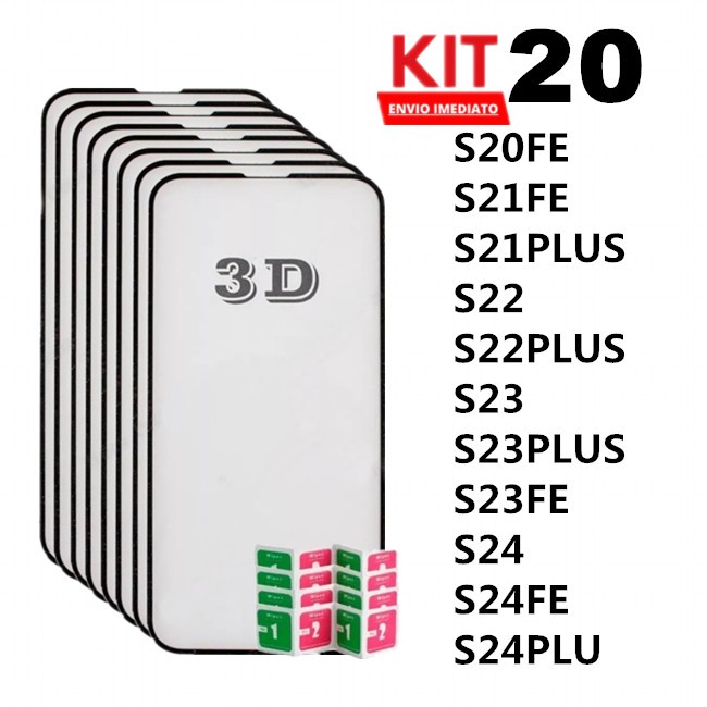 Kit com 20 Película de Vidro Temperado 3D Samsung S20FE S21FE S21PLUS S22 S22PLUS S23 S23PLUS S23FE S24 S24FE S24PLU