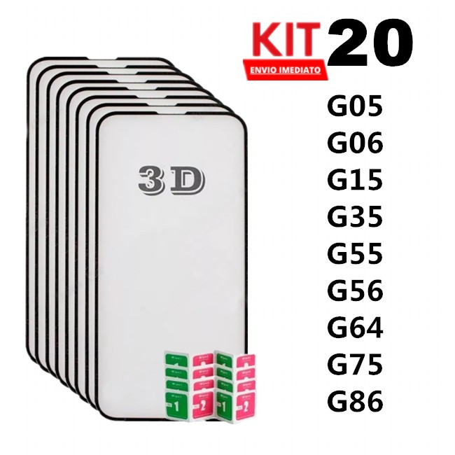 Kit com 20 Película de Vidro Temperado 3D MOTO G05 G06 G15 G35 G55 G56 G64 G75 G86