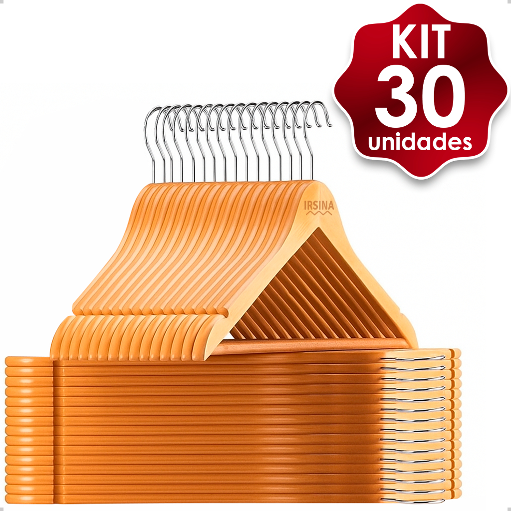 KIT 30 Cabides de Madeira Roupas Antiderrapante Natural Marfim Gancho de Metal Camisa Calça Vestido