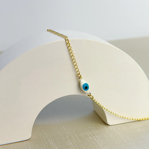 Tornozeleira Olho Grego em Navete Acessório Delicado Feminino Moda Banhado a Ouro 18K Semijoia
