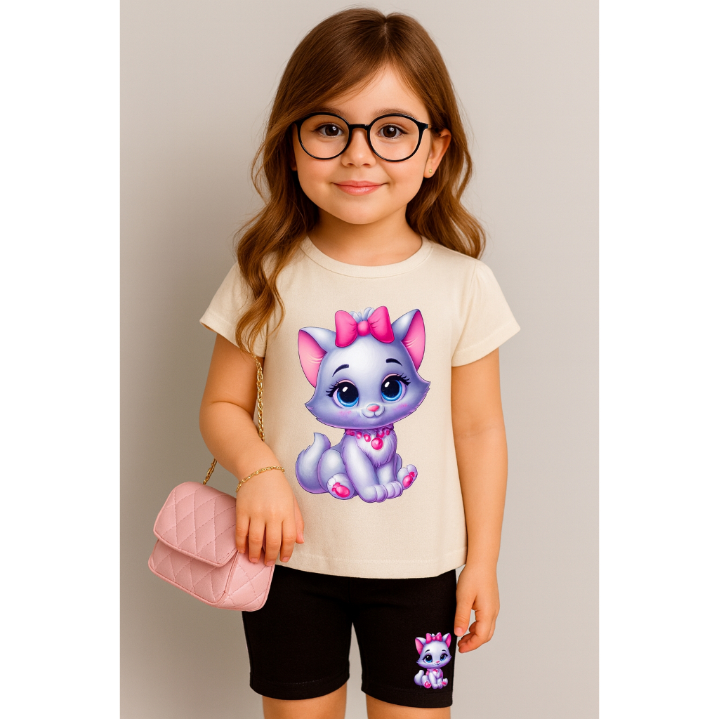 conjunto infantil batinha+bermuda ciclista look confortável gatinha fofa laço