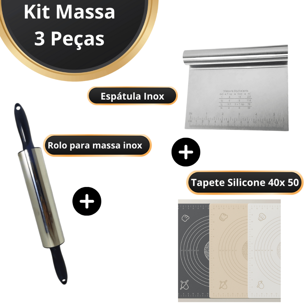 KIT MASSA , PAO, CONFEITARIA, BOLO, Rolo Inox profissional , Espátula inox, Tapete silicone em Oferta na Shopee