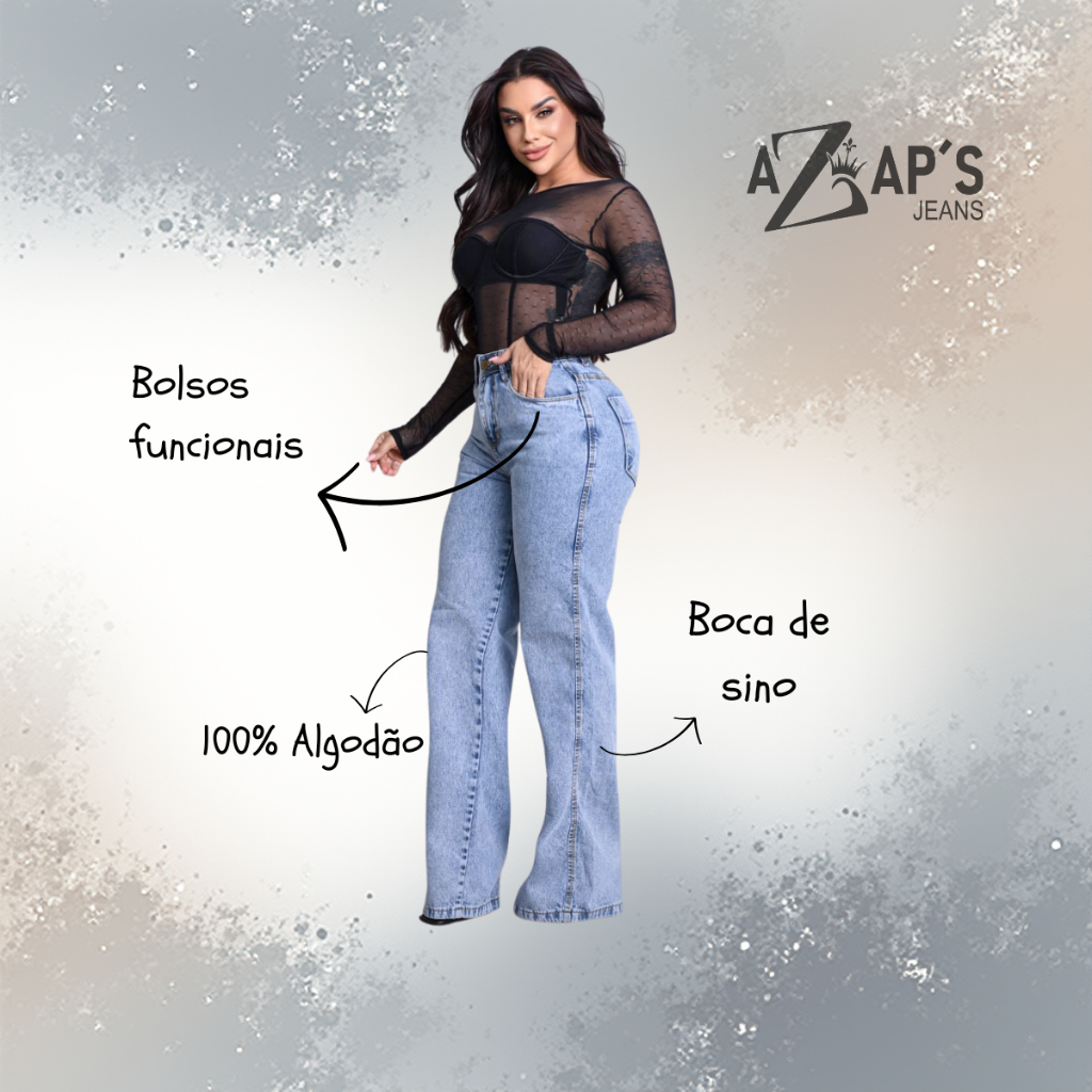 Calça Jeans Wide Leg Feminina Pantalona Marmorizada Clara Cintura Alta 100% Algodão Premium