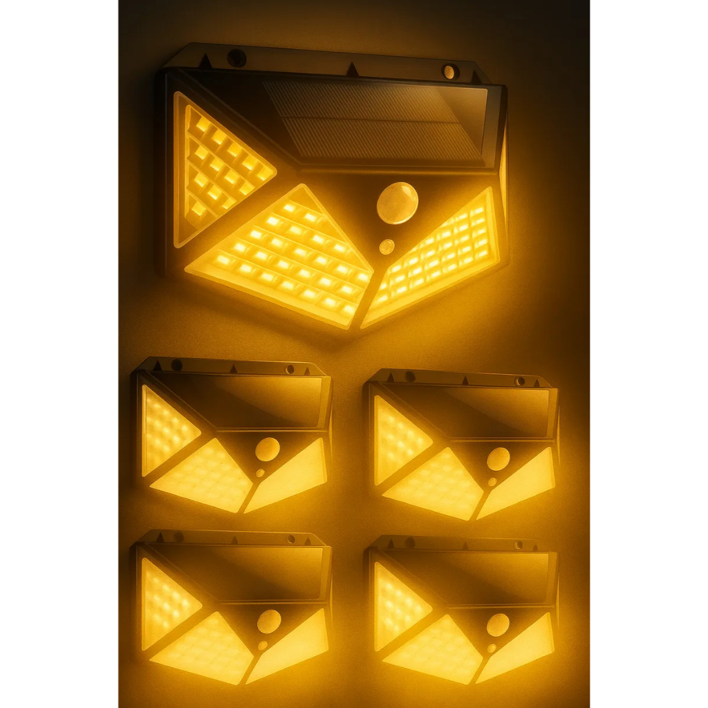 Kit 5 Luminária Solar 100 LEDs Recarregável | Iluminação Externa Branco Quente | Parede e Jardim